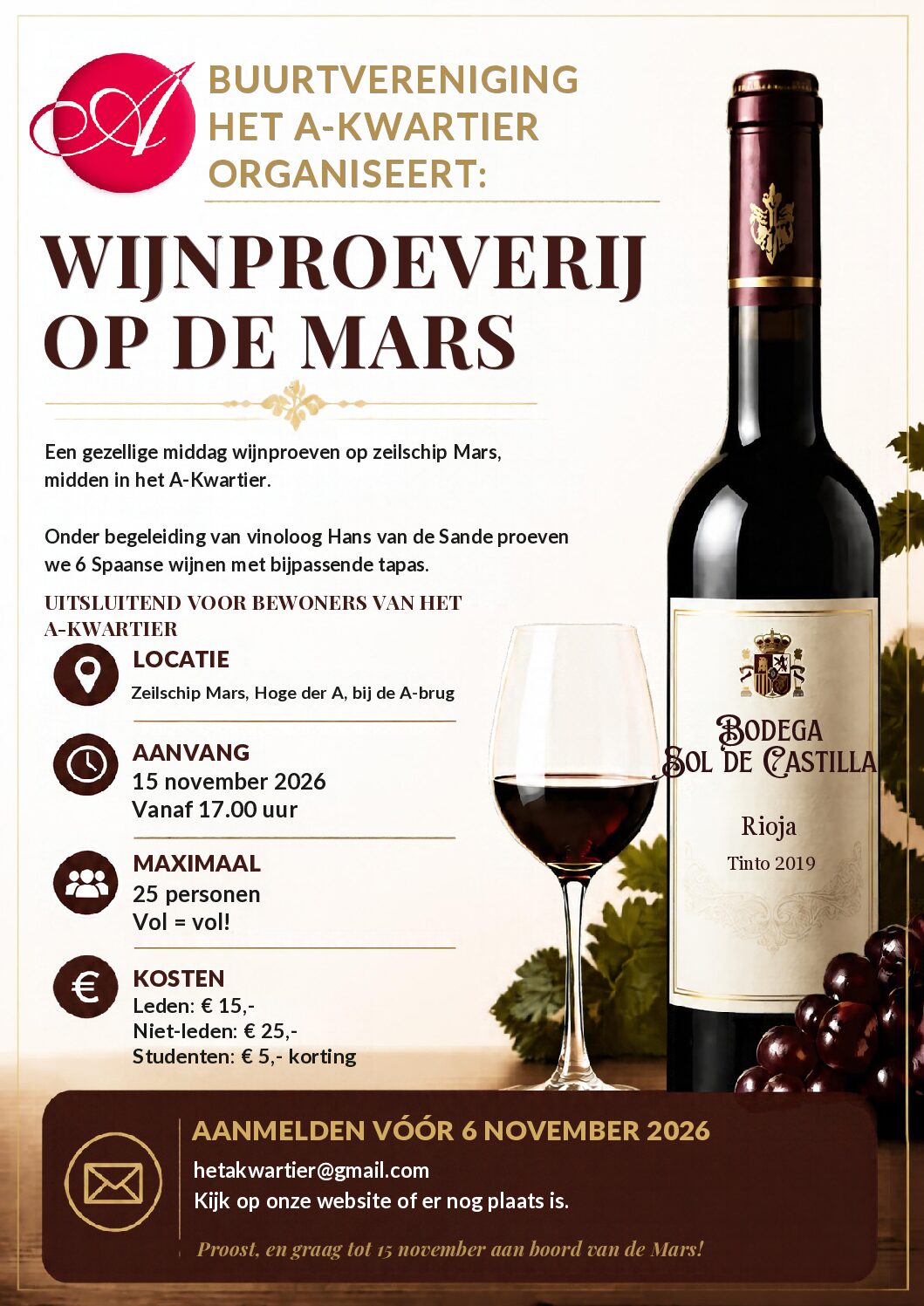 Wijnproeverij op zeilschip Mars zondag 15 november om 17:00 uur